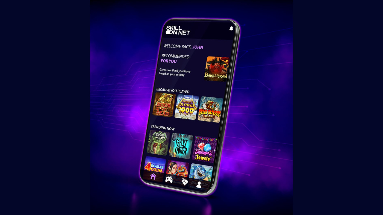 SkillOnNet mobile casino interface displaying recommended games on a phone